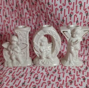 Holiday White Porcelain Gold Gilded Candle Holders JOY Angels Cherubs.